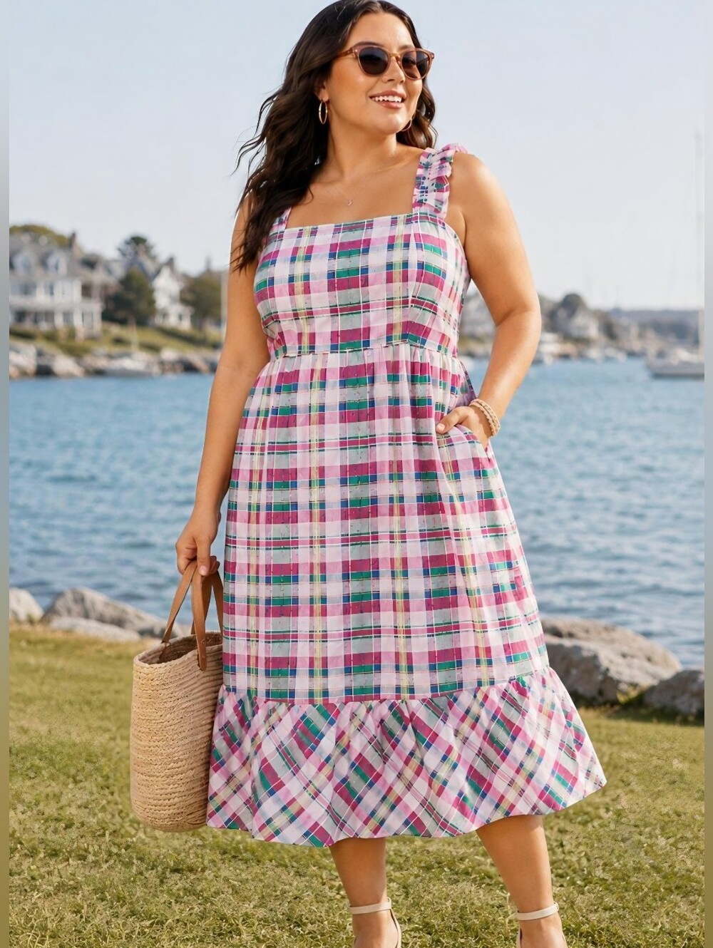 torrid Pink Plaid Midi Dress with Ruffle Hem